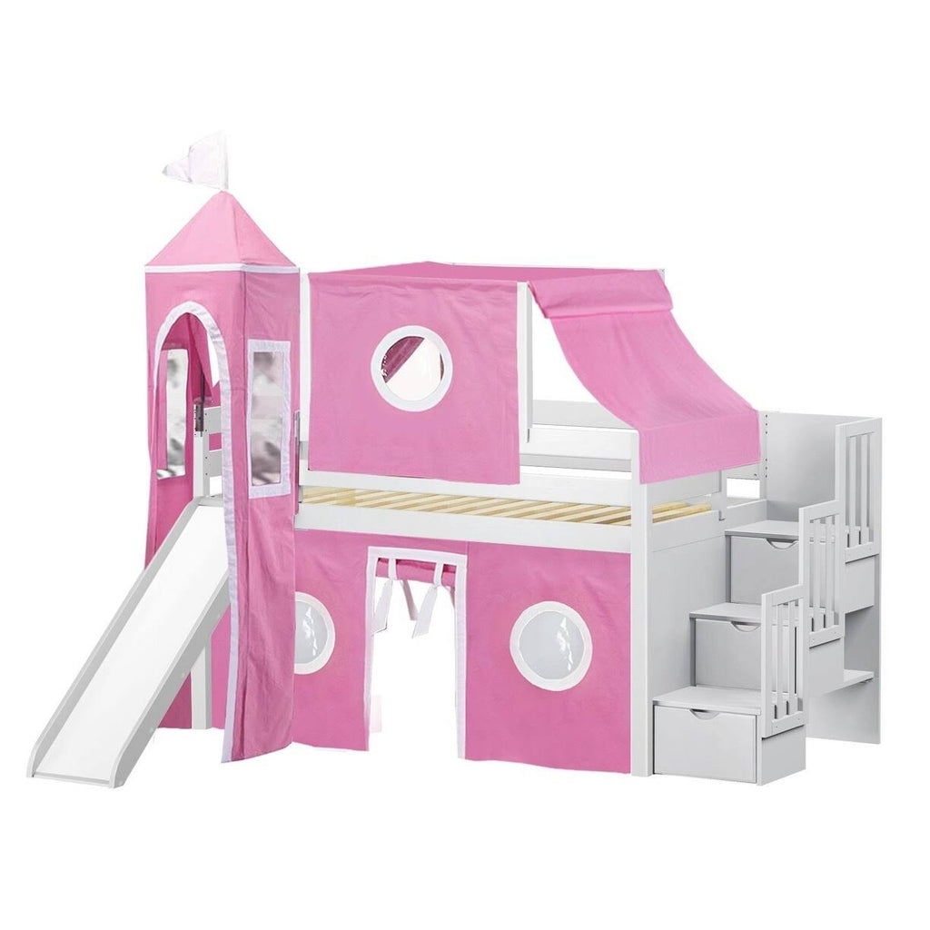 Blue Low Loft Twin Stairway Bed with Slide and Tent T3277