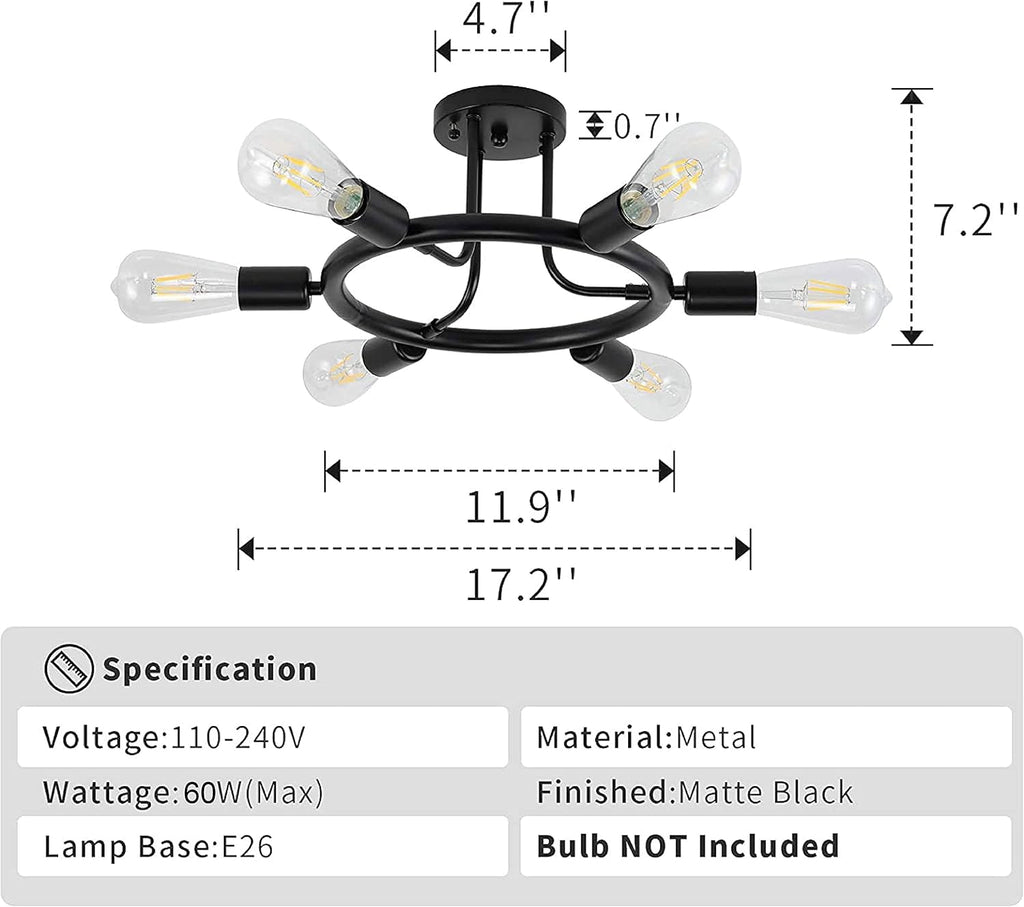 Black 6 Lights LED Semi Flush Mount Ceiling Light H685