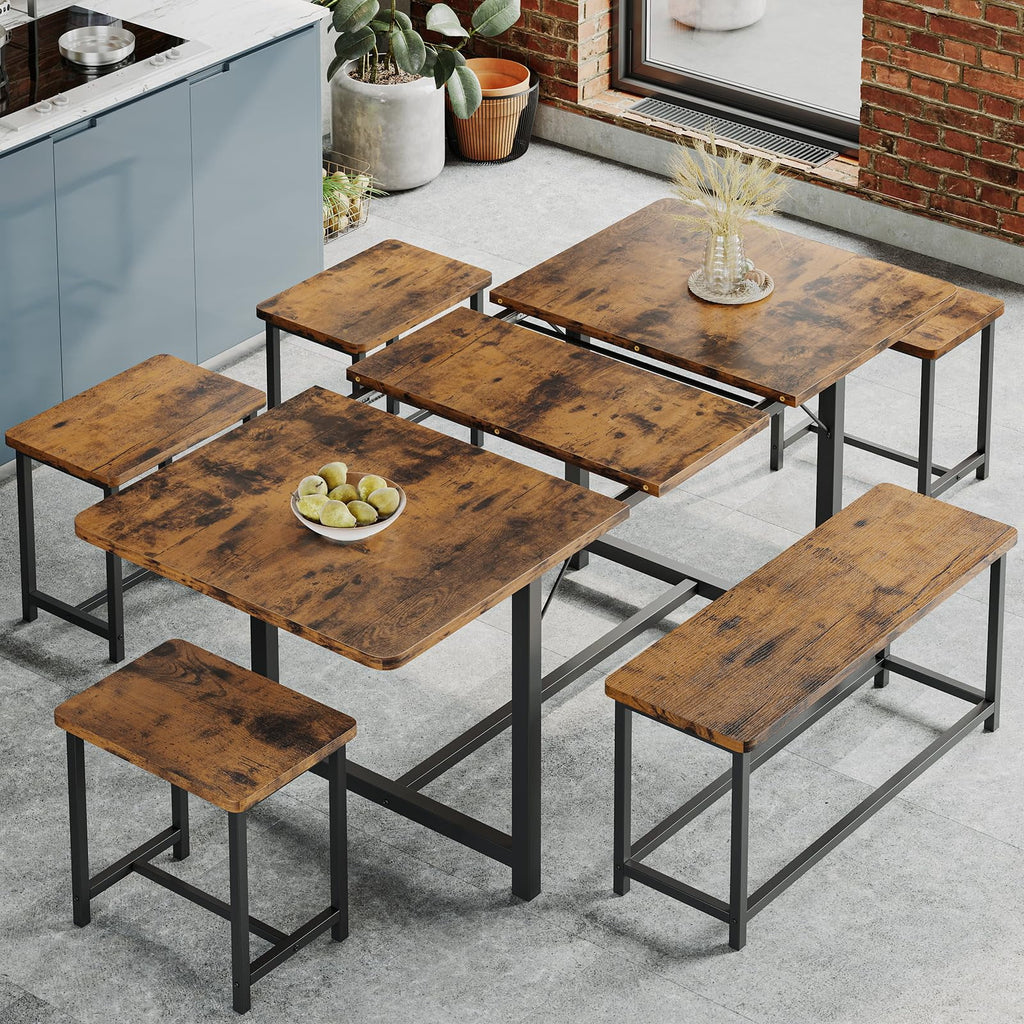 6 Piece Extendable Dining Table Set with Bench and 4 Stools I576403