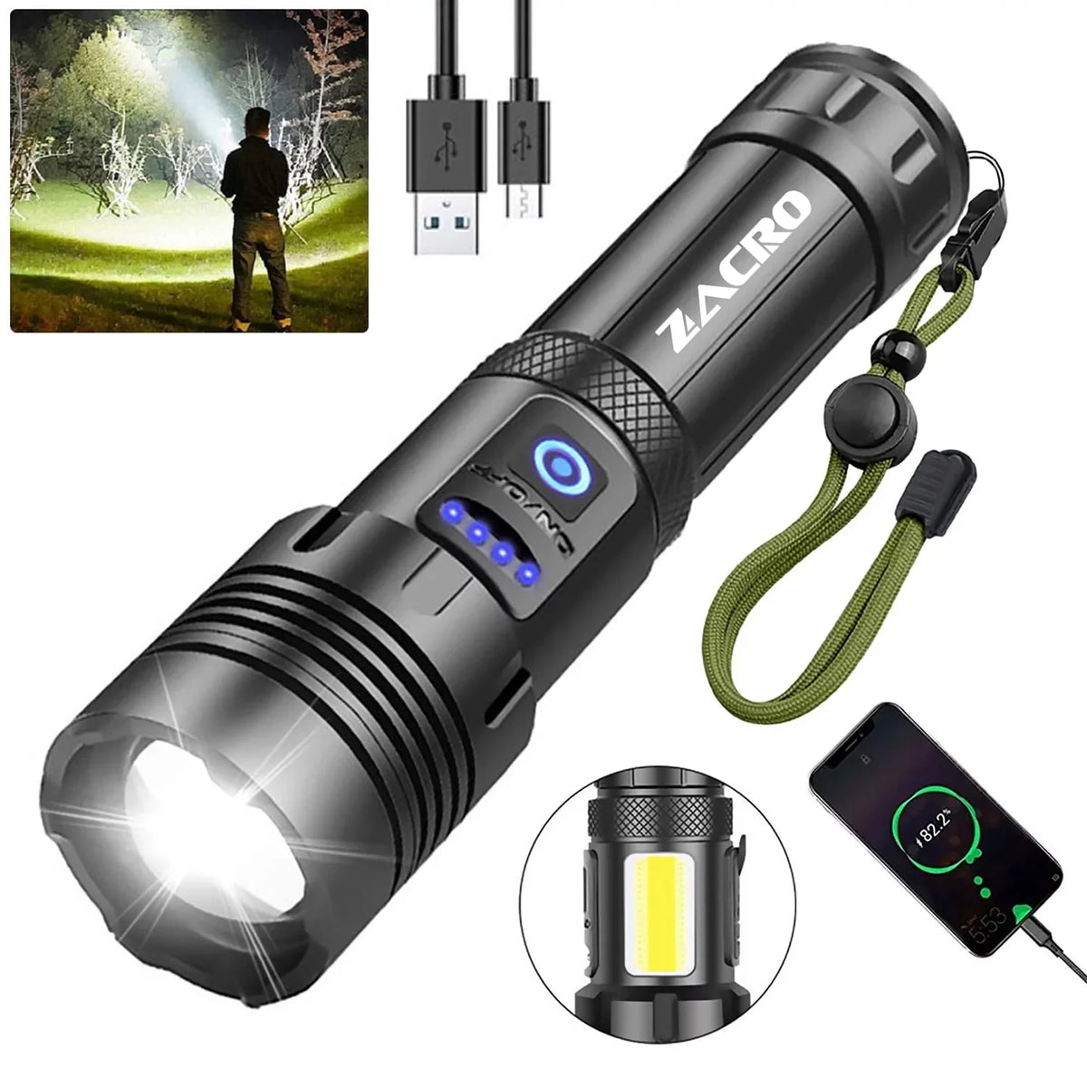 100000 Lumen Rechargeable LED Flashlight with 7 Modes and COB Sidelight L19273