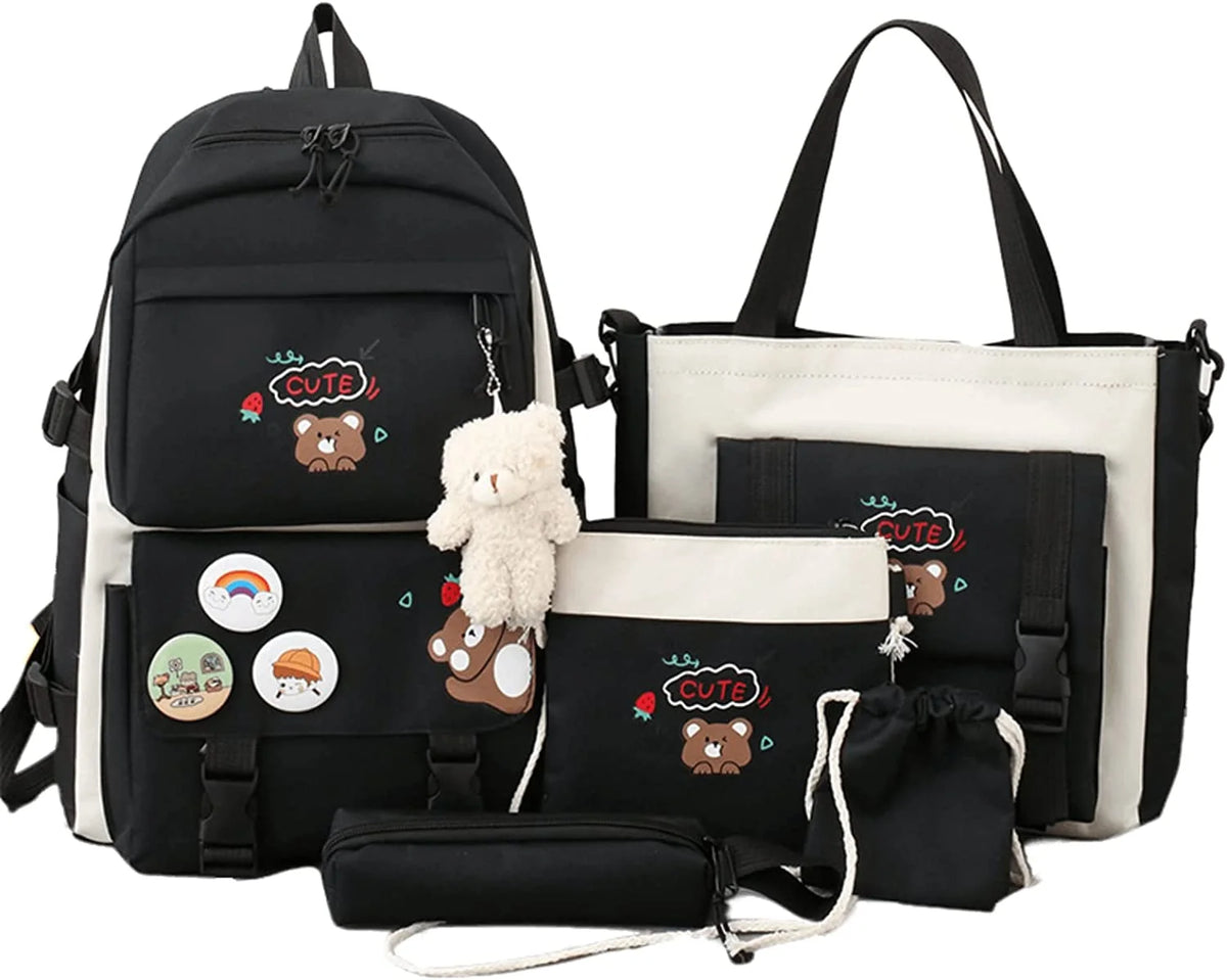 5Pcs Backpacks Combo Set with Bear Pendant & Pins O7514
