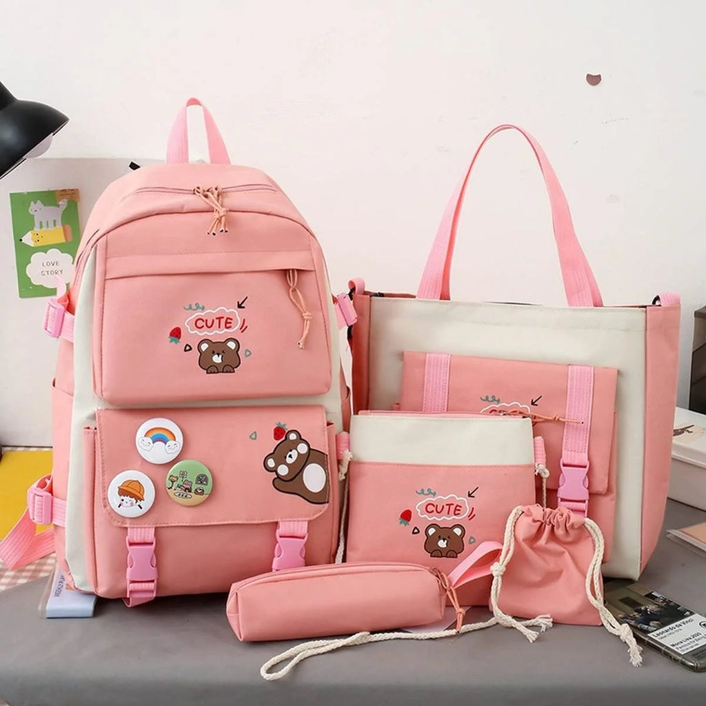 5Pcs Backpacks Combo Set with Bear Pendant & Pins O7514