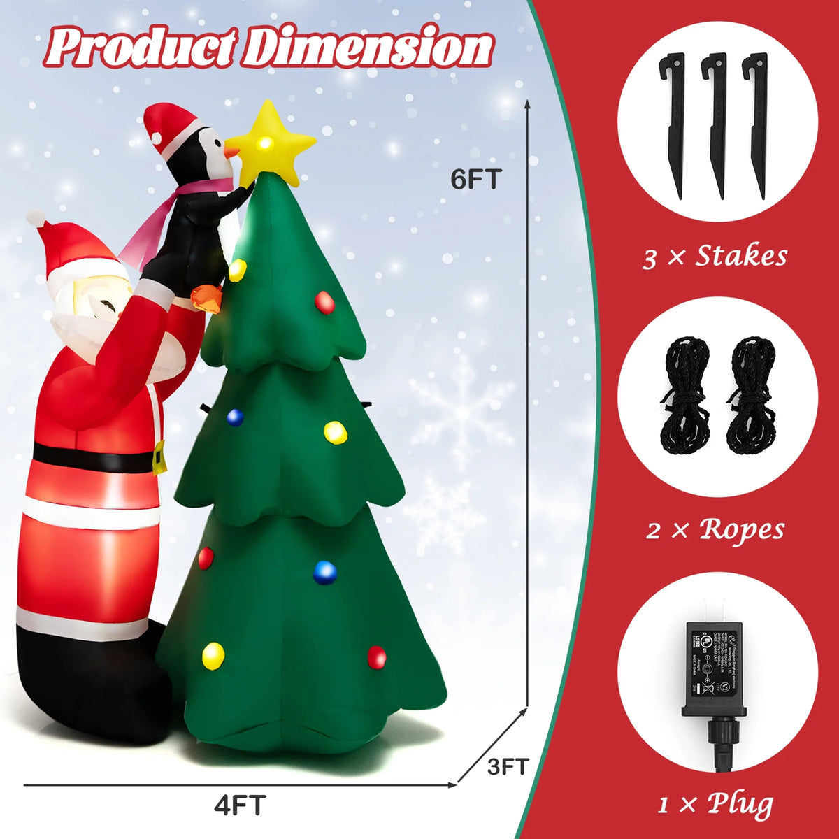 6FT Christmas Inflatable Tree Santa Claus & Penguin Decor with LED Lights U35944