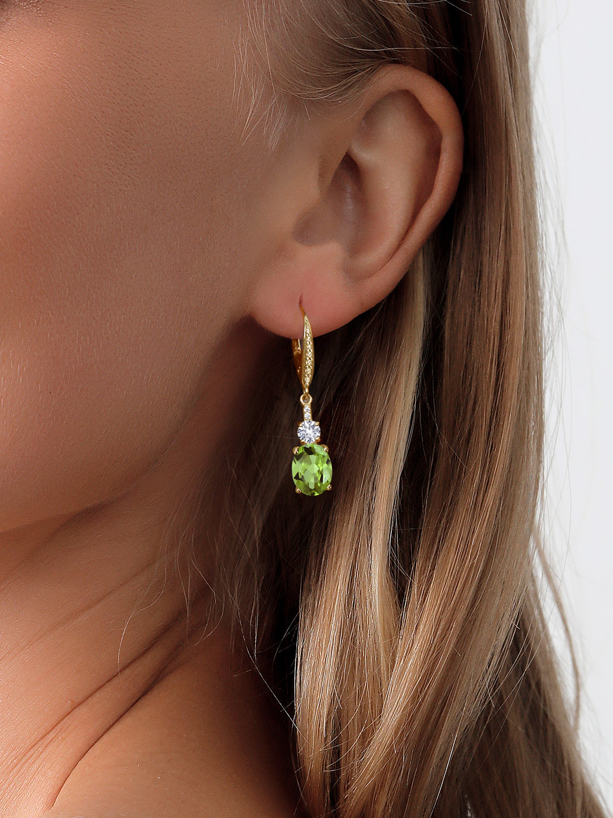 18K Yellow Gold Plated Silver Green Peridot and White Created Sapphire Dangle Earrings with Lab Grown Diamond E728