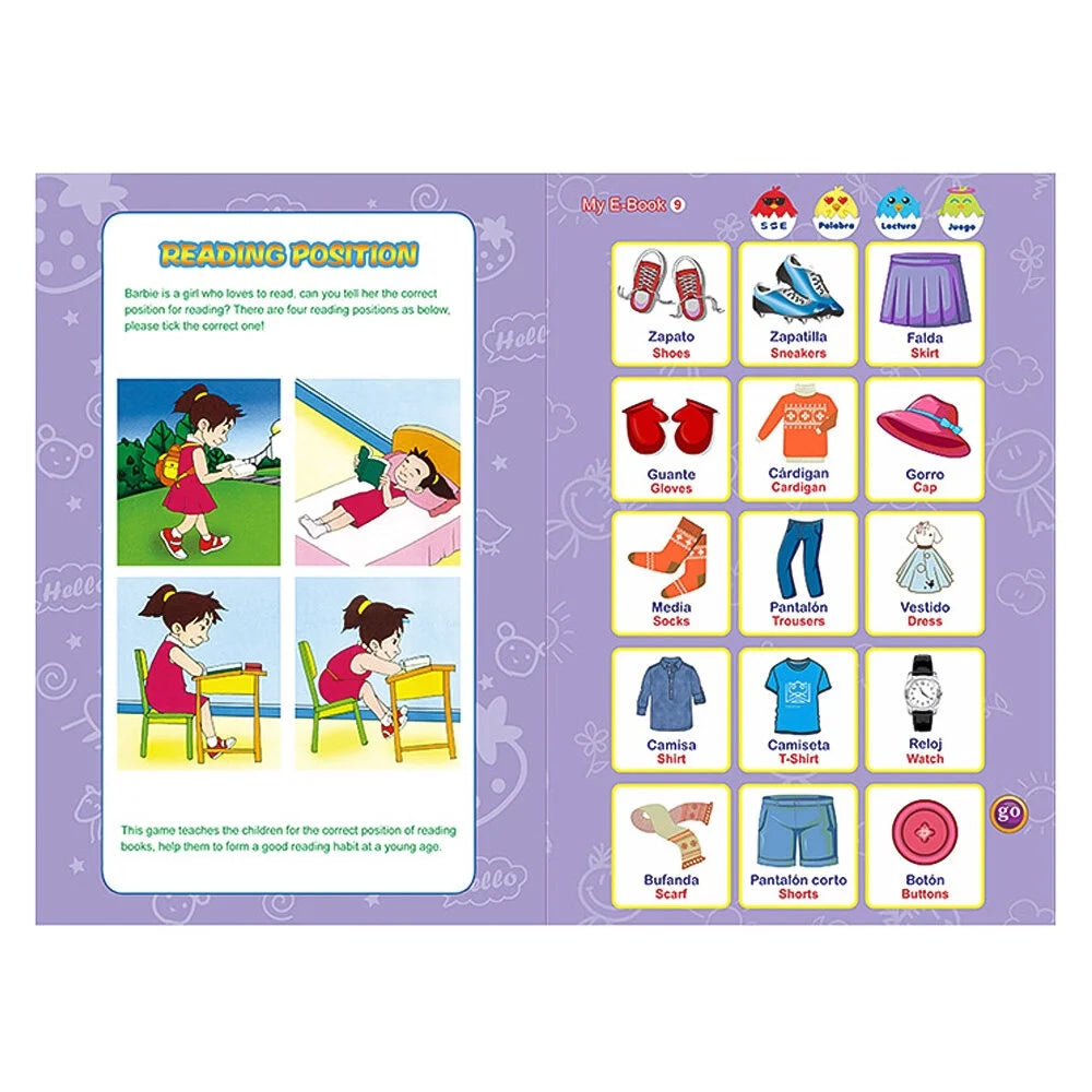 2-in-1 Spanish English Sound Board Book Interactive Talking Book Early Educational Reading Toy H51825