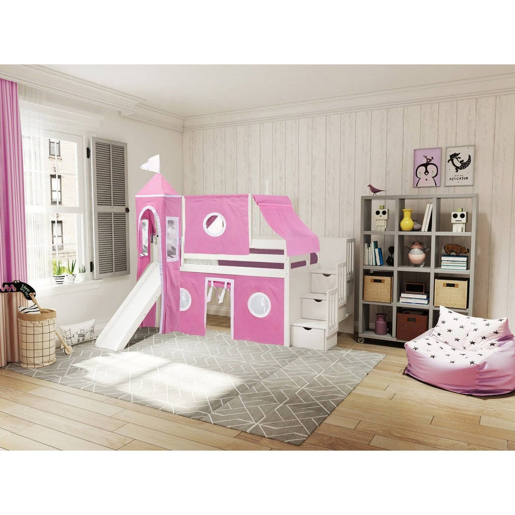 Blue Low Loft Twin Stairway Bed with Slide and Tent T3277