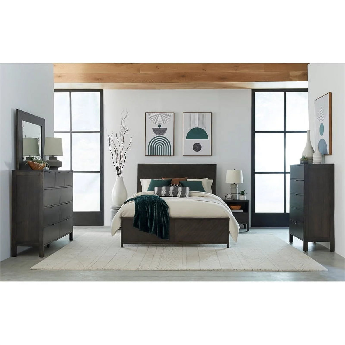 Dark Walnut Brown Wood Drawer Dresser & Mirror L8672