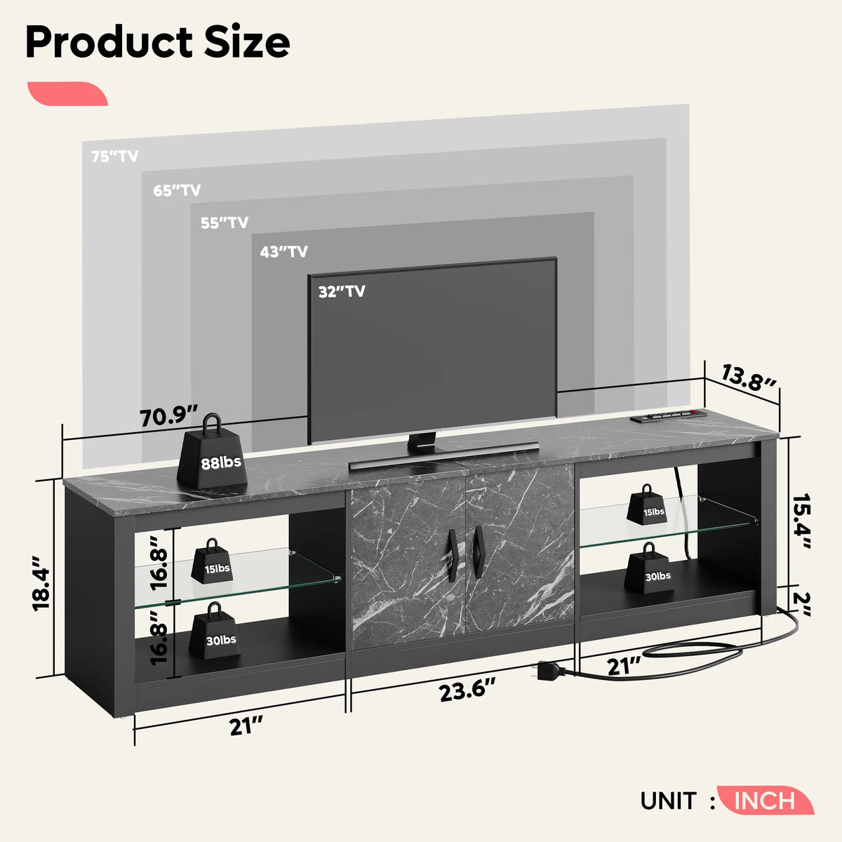 Black Marble TV Stand with LED Lights & Power Outlet L16106