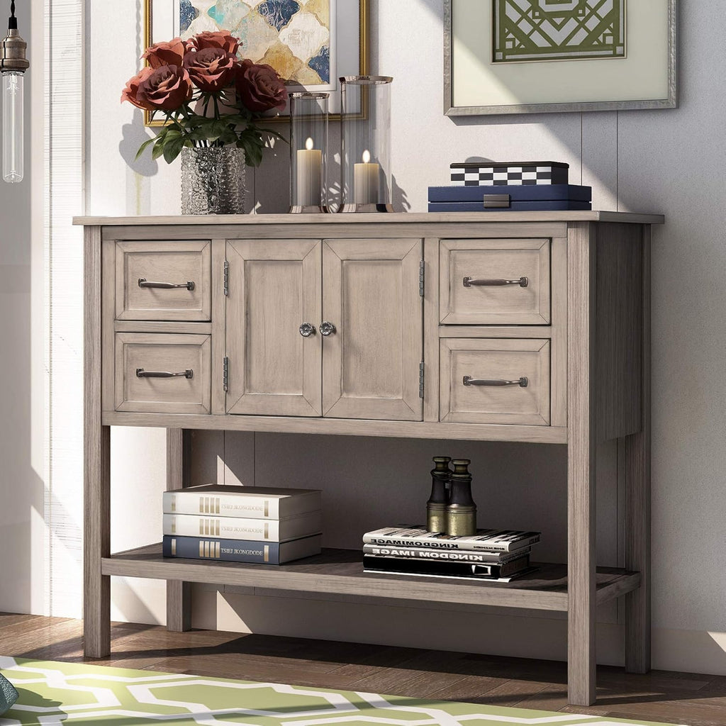 Green Wood Buffet Console Table with Drawers & Open Shelf U8295